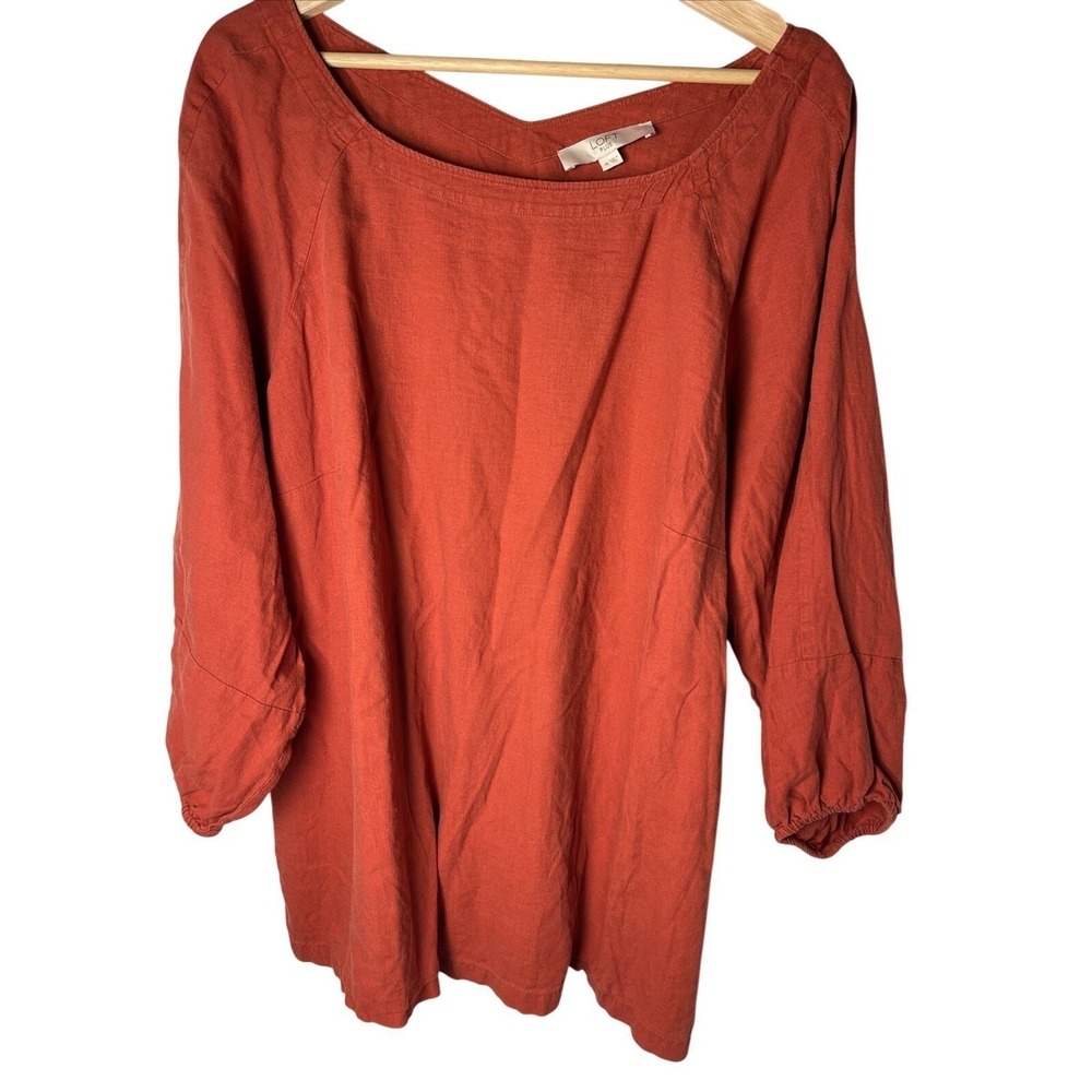 LOFT Plus 18 Harvest Orange Linen Blend Peasant Top 3/4 Balloon Sleeve